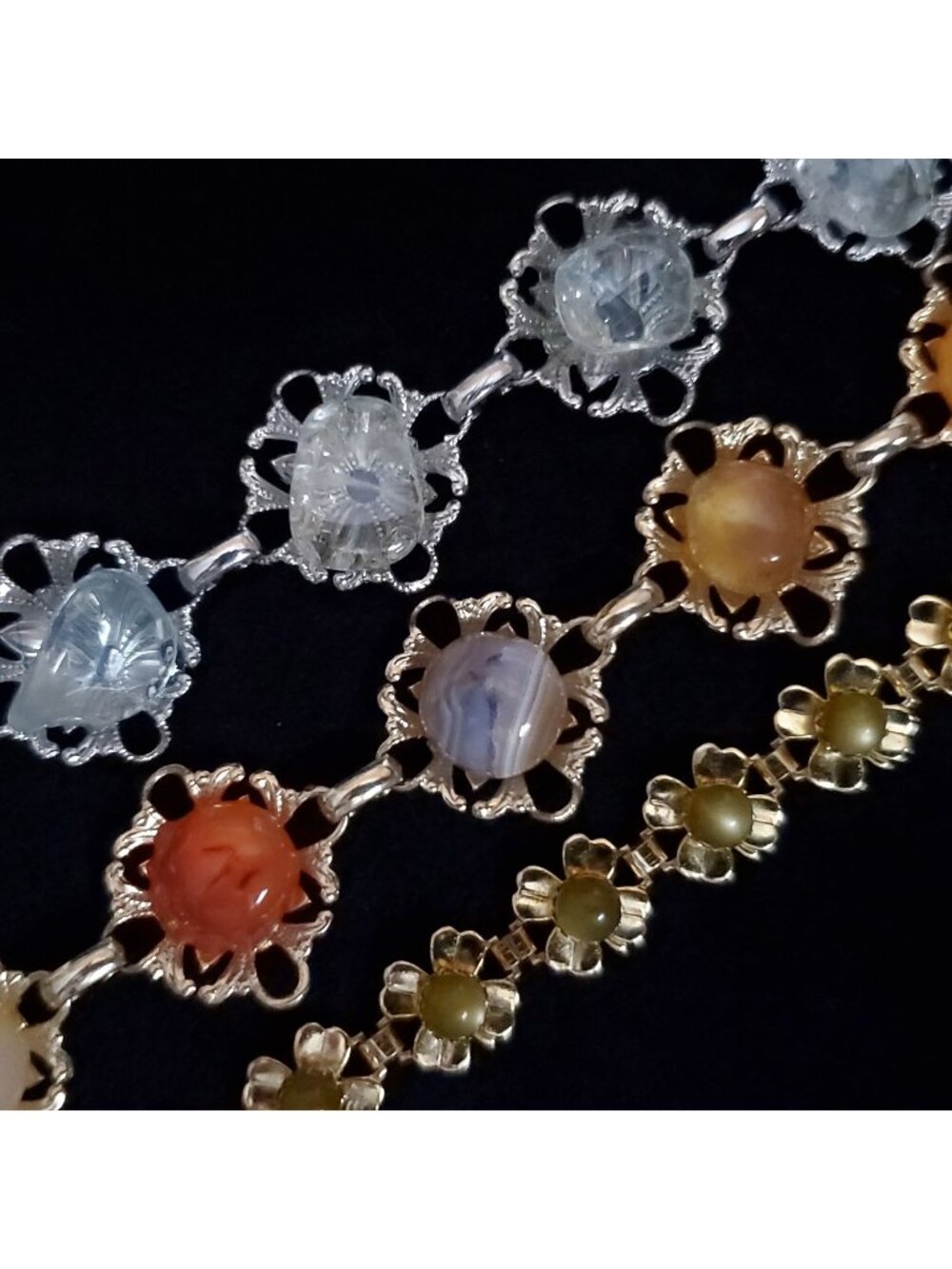 Vintage Bracelet Lot of 3 Floral Gold Silver Tone Agate Lucite 6-6.5"